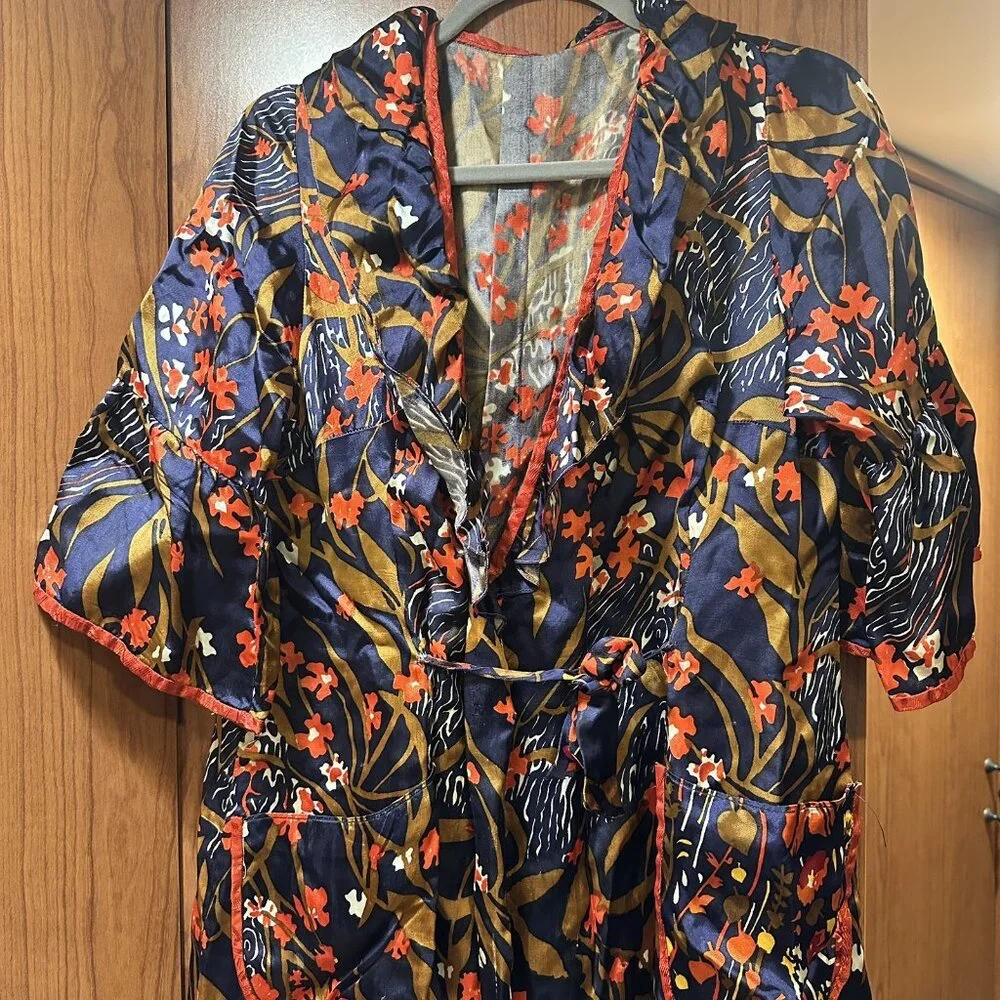 Vintage Wrap Silky Satin Robe Dressing Gown Floral Kimono Maxi Bell Sleeve 80s